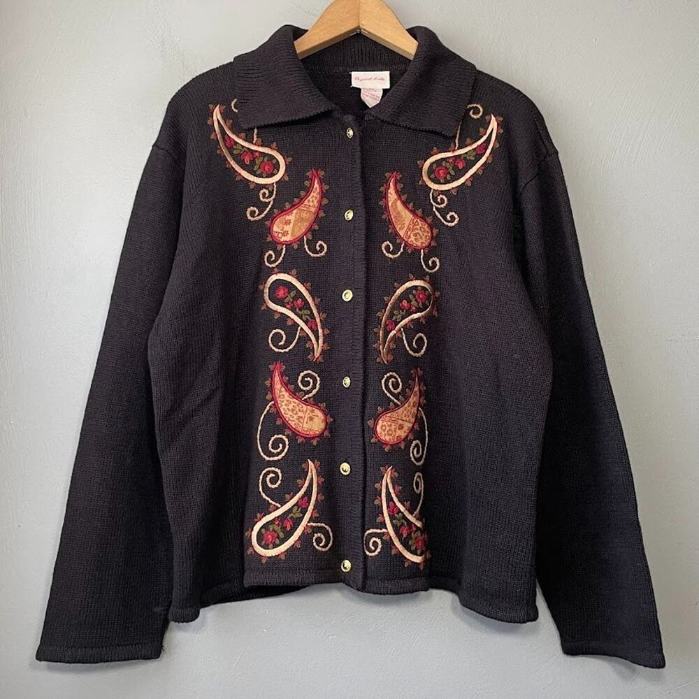 Vintage Black Paisley Cardigan Size XL Embroidered Sweater Whimsigoth Goblincore